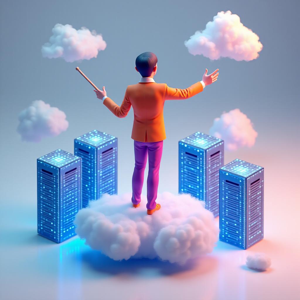 Surreal illustration of a conductor organizing digital blocks and floating servers